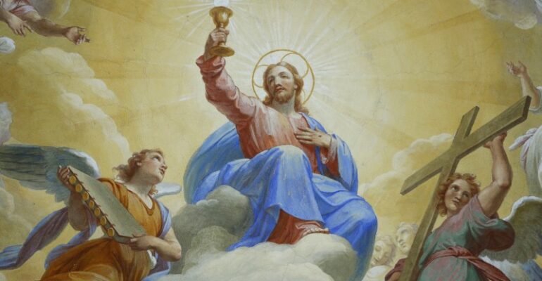 A painting of Jesus resurrected. This Jesus looks clearly white.